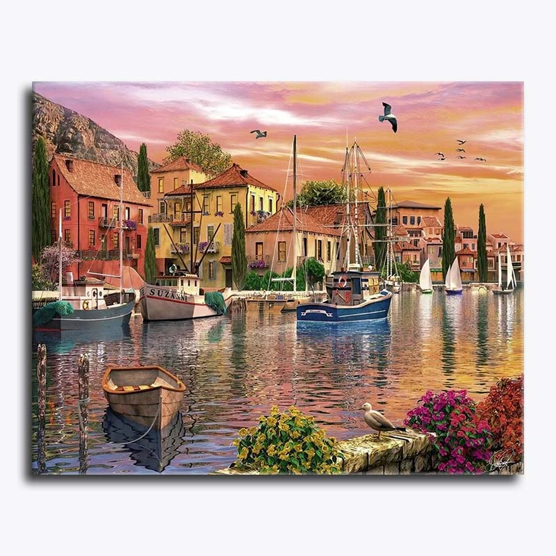 Painting of a coastal scene with boats and buildings.