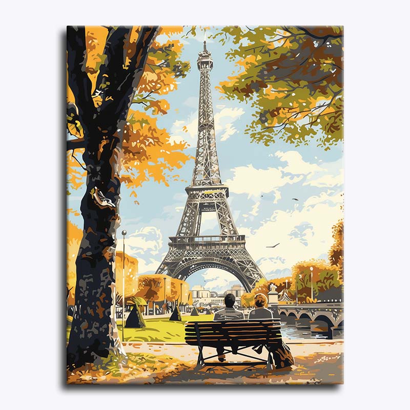 Painting of the Eiffel Tower with people on a bench in a park