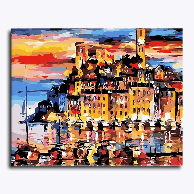Colorful abstract painting of a cityscape with buildings and water.