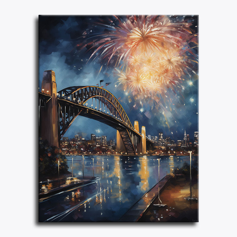 Cityscape with a bridge and fireworks in the sky