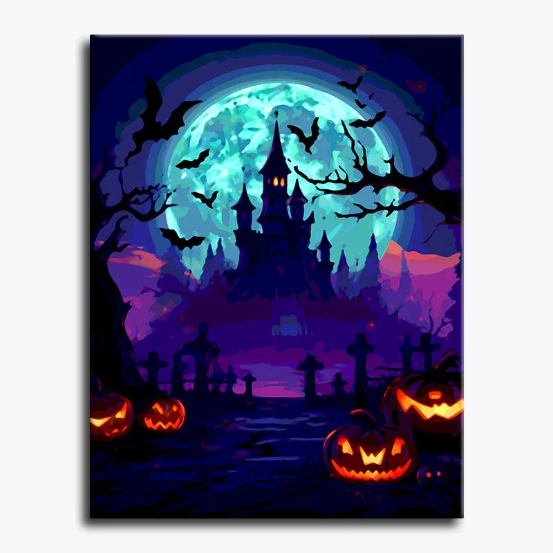 Halloween-themed painting with pumpkins, bats, and a castle under a full moon.