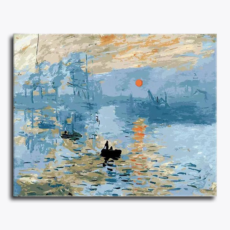 Painting of a harbor scene with boats and a sunset.