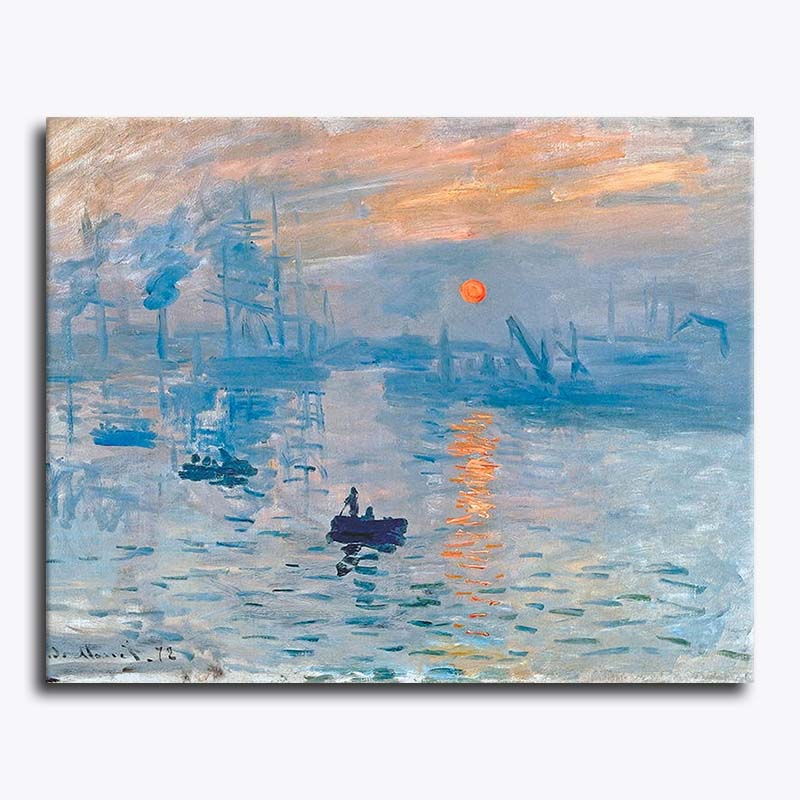 Painting of a harbor scene with boats and a sunset.