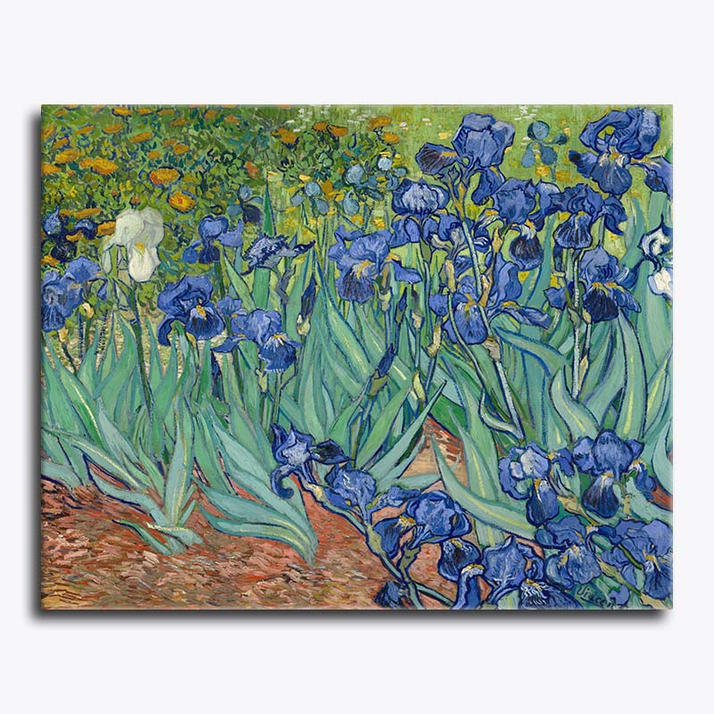 Painting of blue irises by Van Gogh on a white background