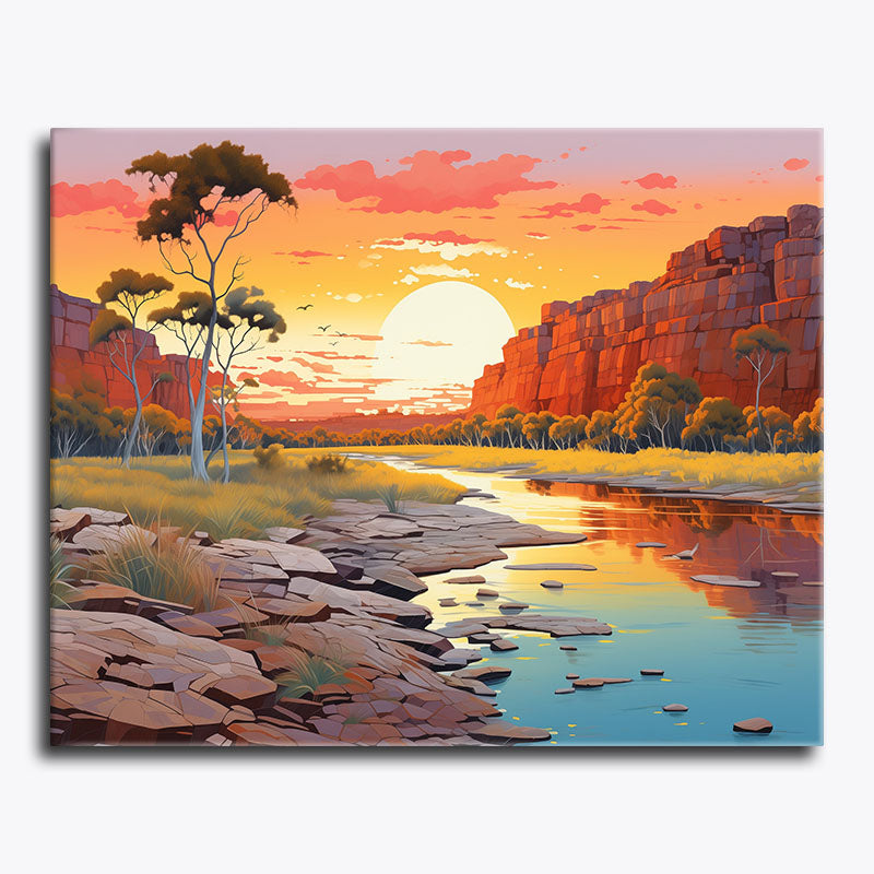 Surreal landscape with a river, trees, and rocky cliffs under a colorful sky.
