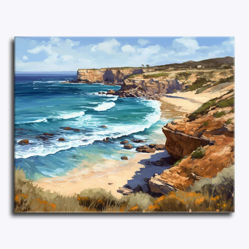 Painting of a coastal landscape with cliffs, beach, and ocean.