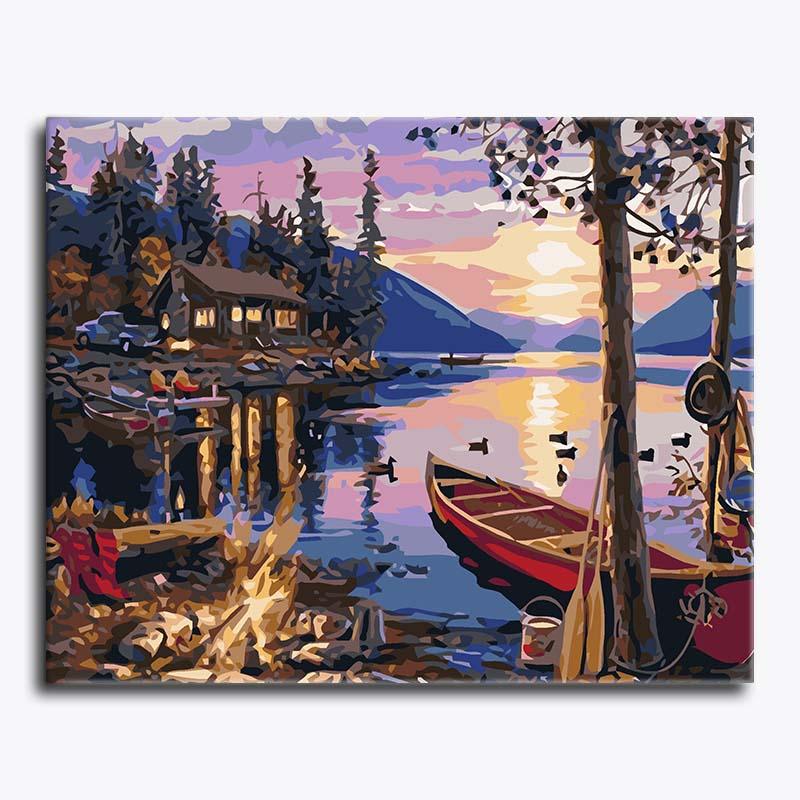 Painting of a lakeside scene with a boat, campfire, and cabin at sunset.