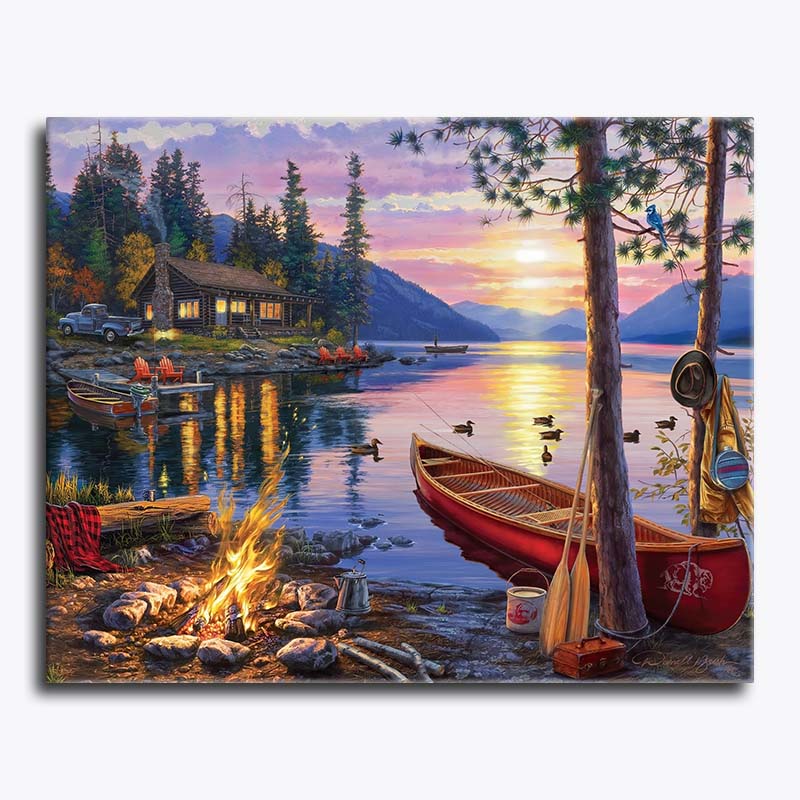 Painting of a lakeside scene with a boat, campfire, and cabin at sunset.