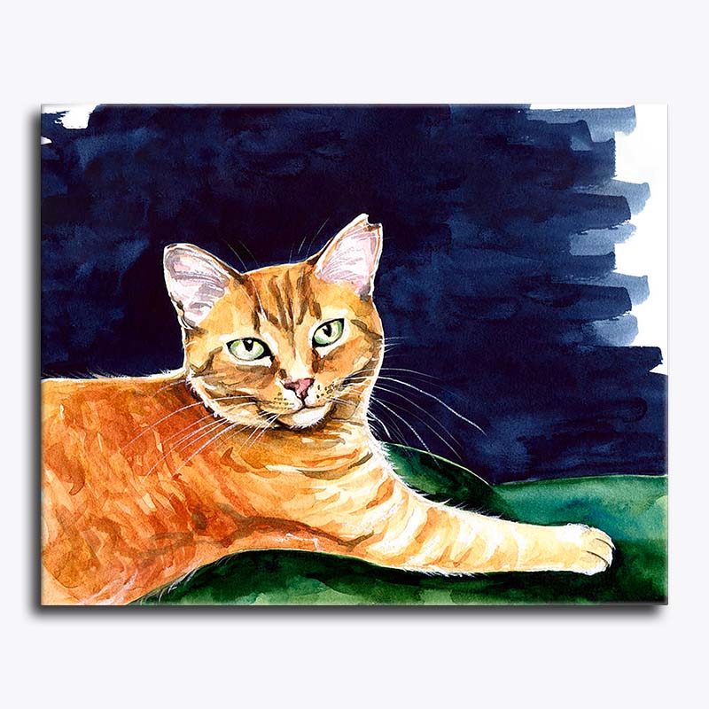 Painting of an orange cat on a dark background