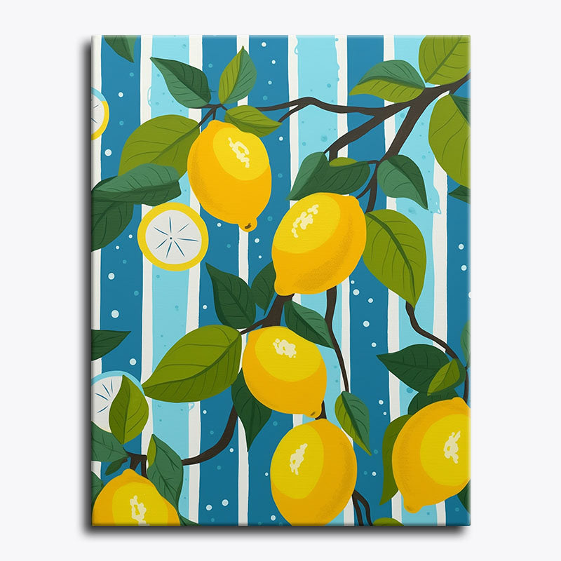 Canvas print with a design of lemons and leaves on a blue striped background