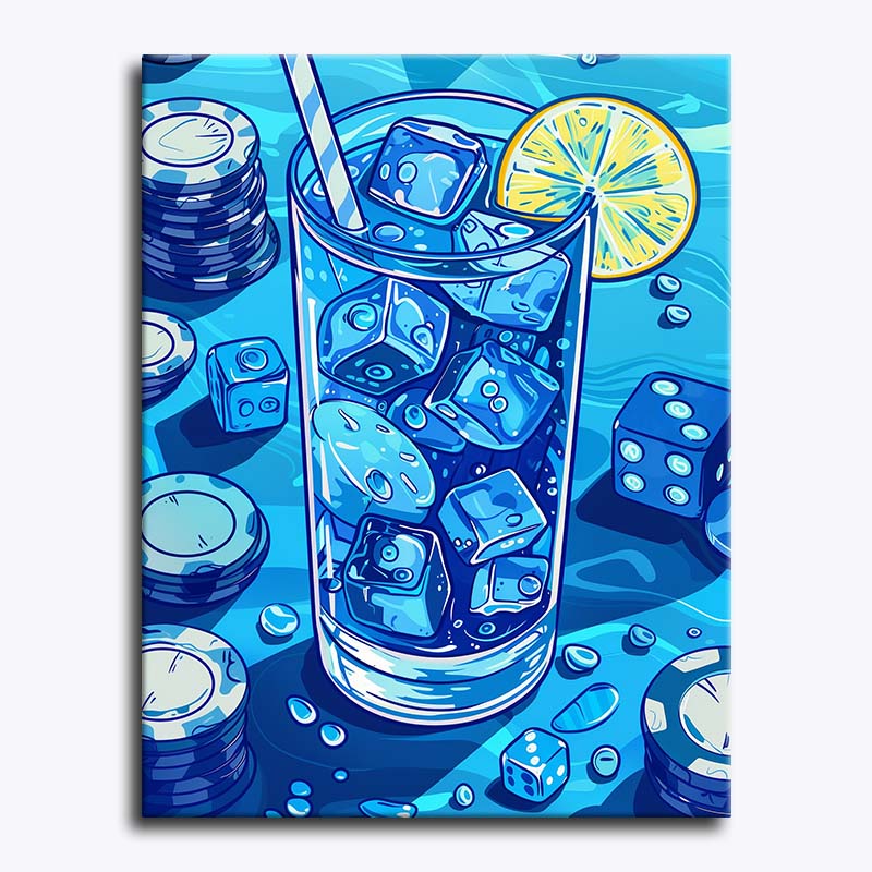 Canvas print with a glass of iced blue liquid, lemon slice, and poker chips on a blue background
