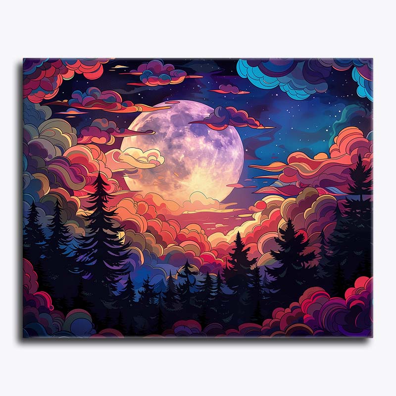 Colorful night sky with moon and clouds over a forest