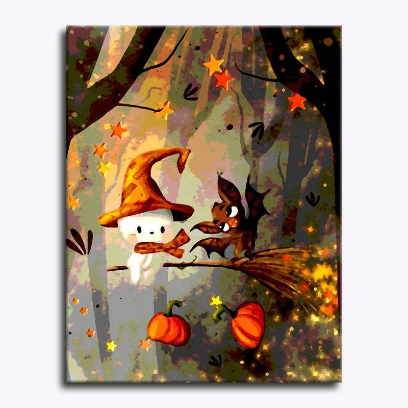 Cartoon ghost and squirrel on a broomstick with pumpkins and stars in a forest setting