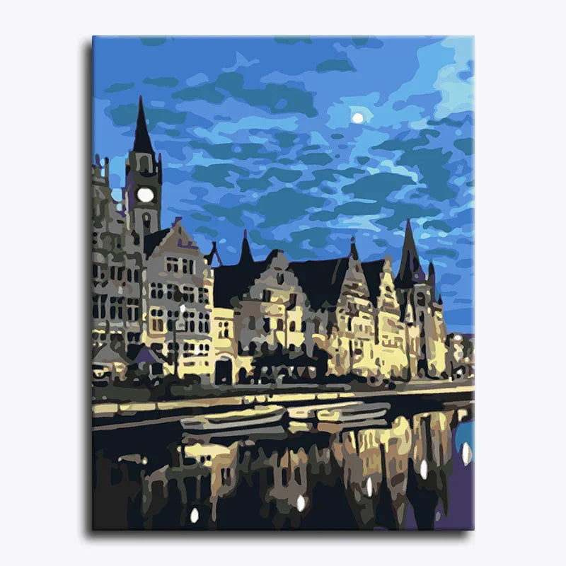 Canvas print of a cityscape with buildings and water reflection against a blue sky.