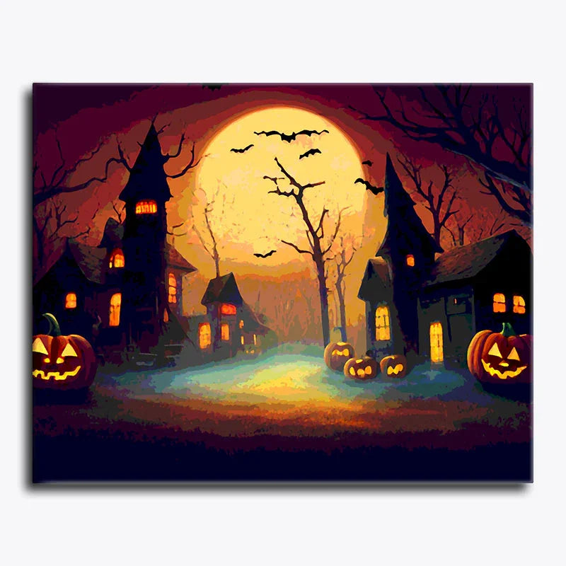 Halloween-themed painting with pumpkins, haunted houses, and a full moon.