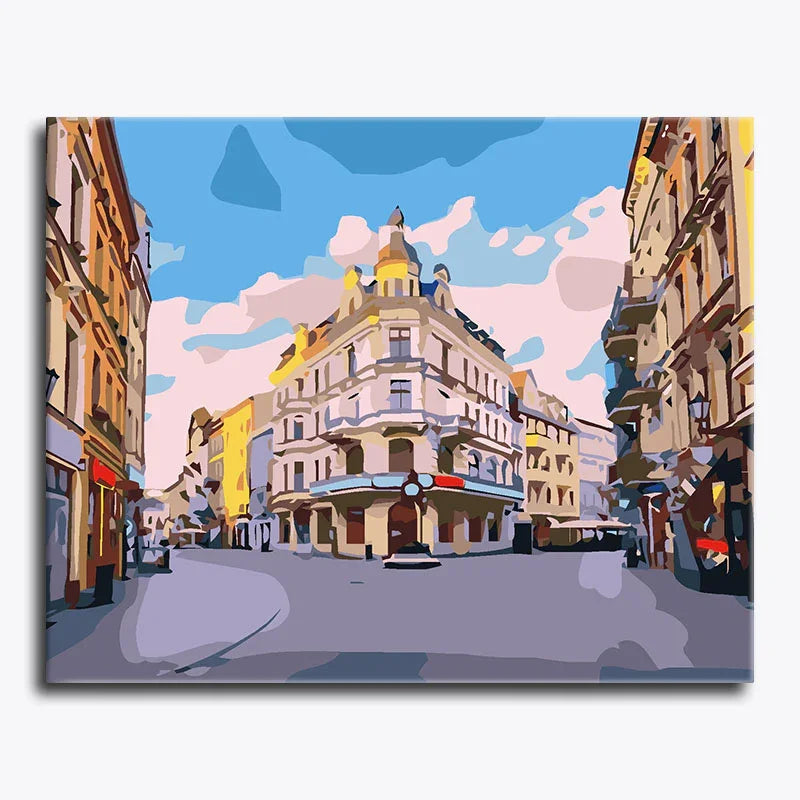 Colorful painting of a city street with buildings and a blue sky.