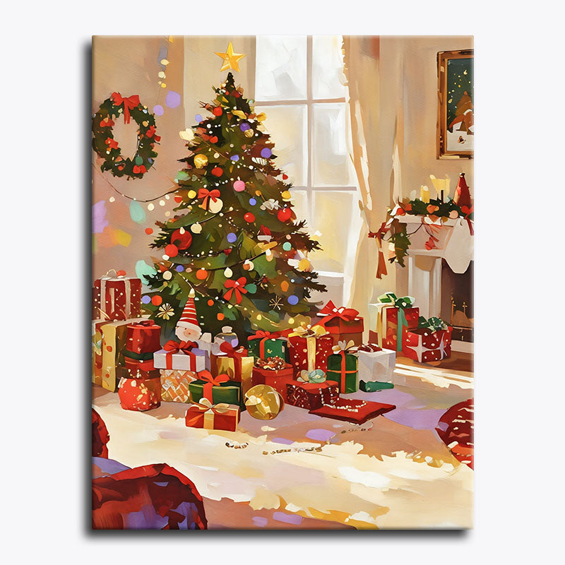 Decorated Christmas tree with presents in a living room setting