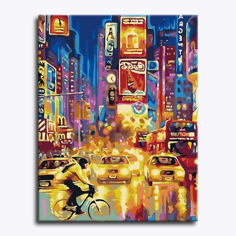 Colorful cityscape painting with taxis and a cyclist