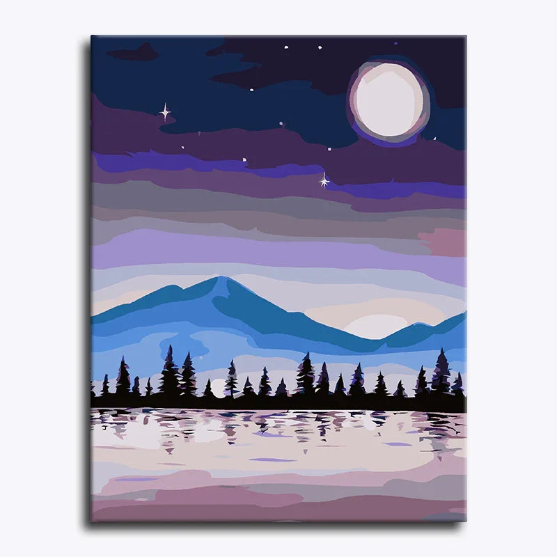 Canvas print of a night scene with mountains, trees, and a full moon.