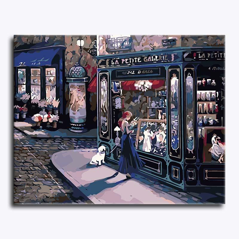 Painting of a woman with a dog in front of a store named 'La Petite Galli' on a street.