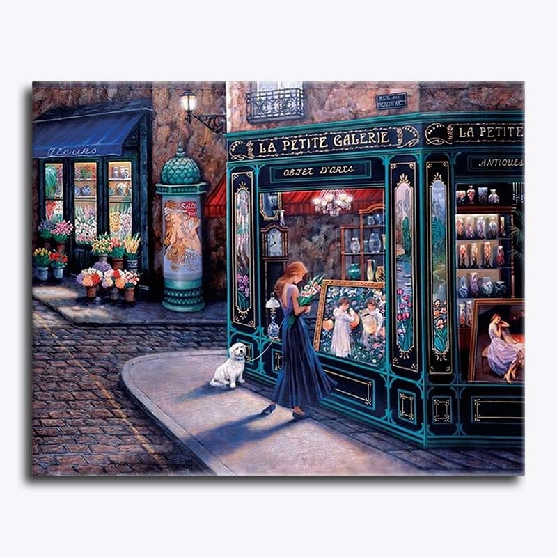 Painting of a woman with a dog in front of a store named 'La Petite Galli' on a street.