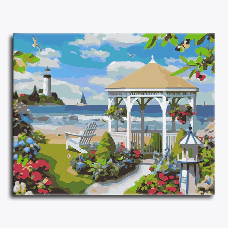 Painting of a garden scene with a gazebo, flowers, and a lighthouse.