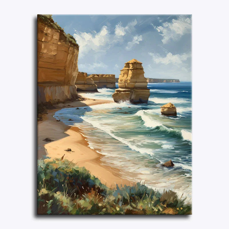 Painting of a coastal scene with cliffs and ocean waves.