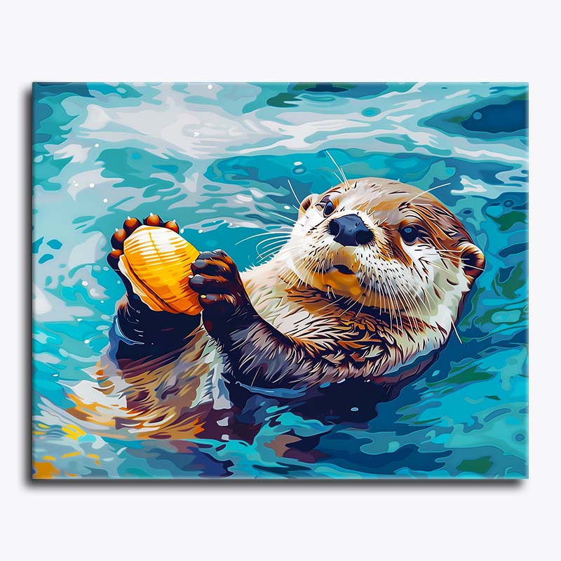 Painting of an otter holding a shell in water