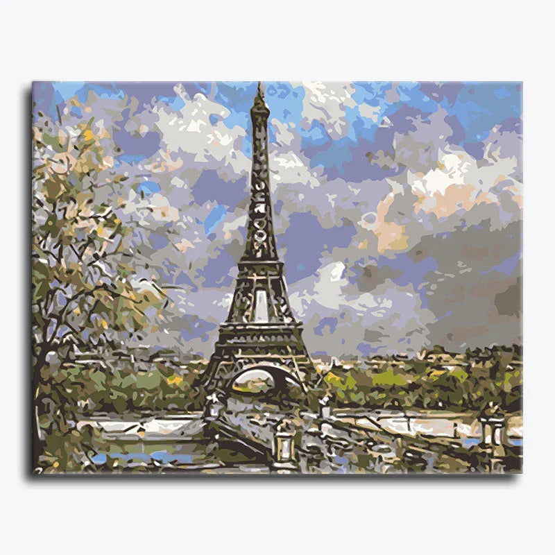 Painting of the Eiffel Tower with a colorful sky