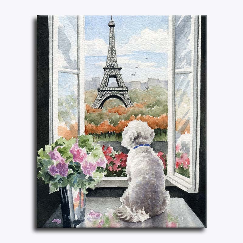 Painting of a dog looking out an open window with the Eiffel Tower in the background