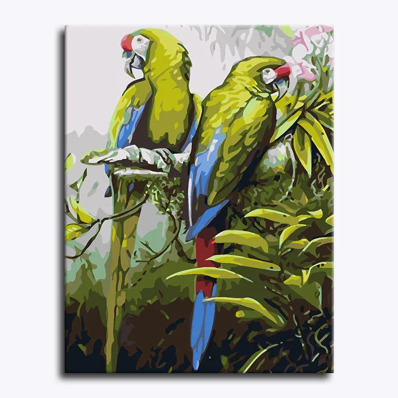 Canvas print of two parrots on a branch with leaves and flowers.