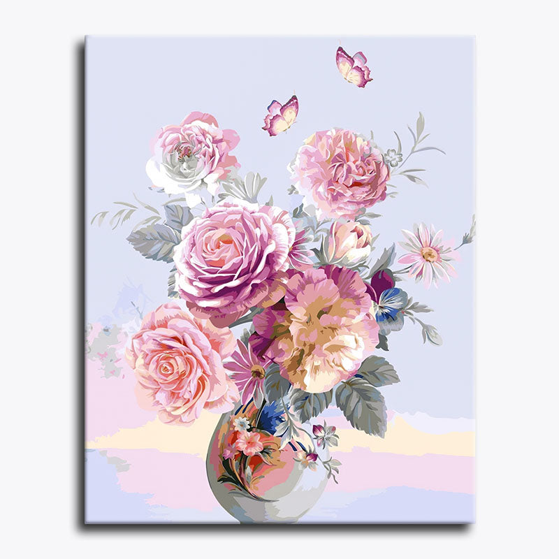 Floral painting with pink roses and butterflies on a light blue background
