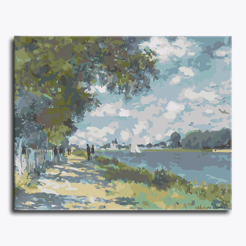 Painting of a scenic landscape with trees, path, and lake.