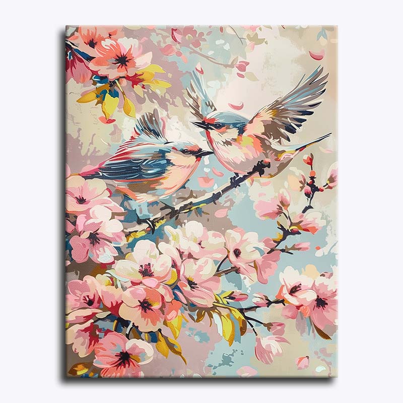 Canvas print with birds and cherry blossoms on a floral background