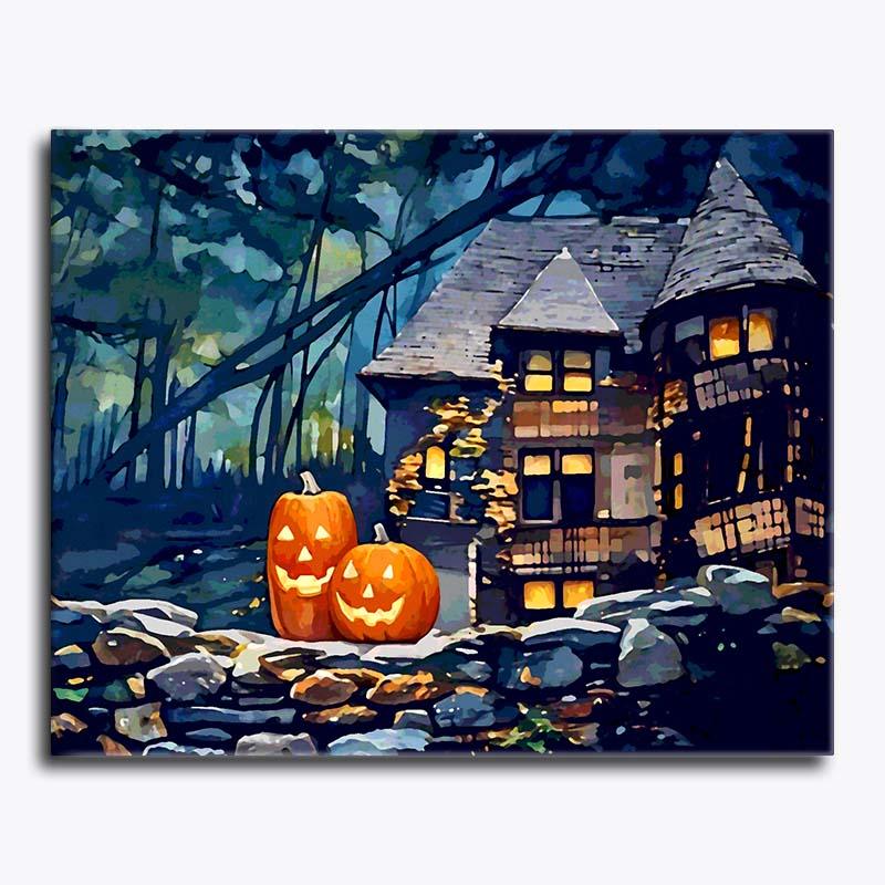 Painting of a haunted house with glowing windows and two jack-o'-lanterns in a forest setting.