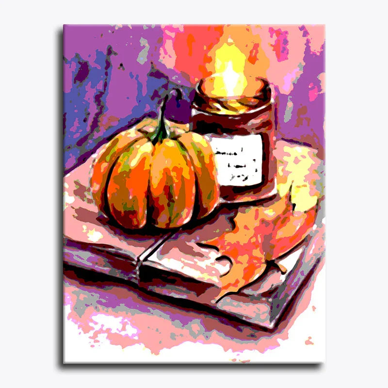 Colorful painting of a pumpkin and candle on a tablecloth with a vibrant background