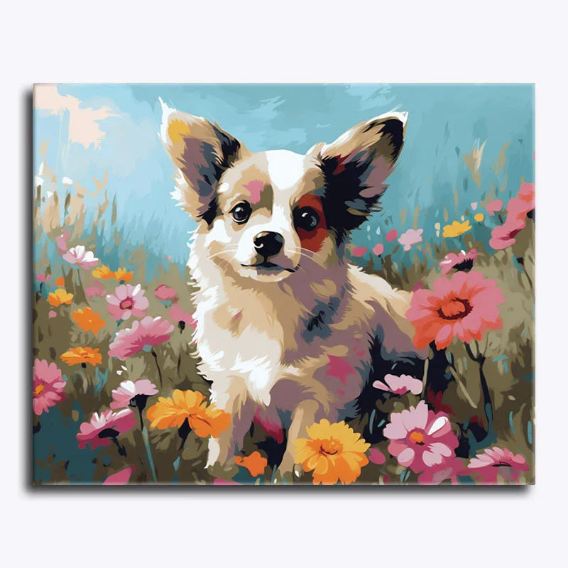 Painting of a dog surrounded by colorful flowers on a blue background