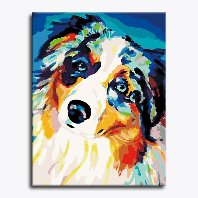 Colorful abstract painting of a dog on a white background