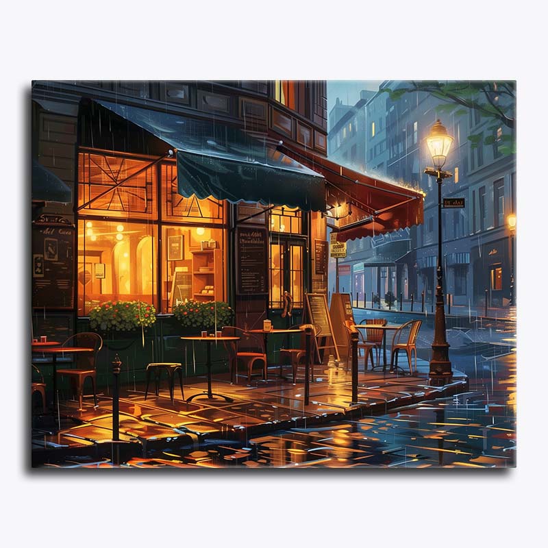 Evening city street scene with a cafe and wet pavement reflecting lights