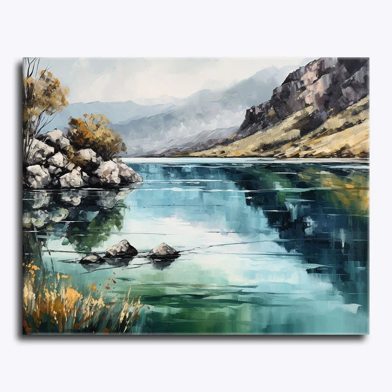 Painting of a serene landscape with a lake, rocks, and mountains.