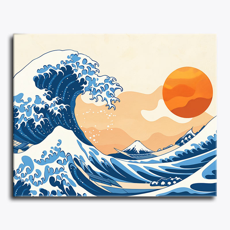 Artistic depiction of a wave with a sun in the background on a beige background