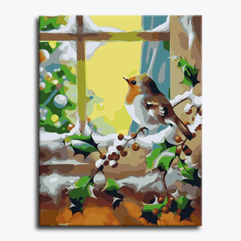 Painting of a bird perched on a branch with berries and snow-covered leaves.