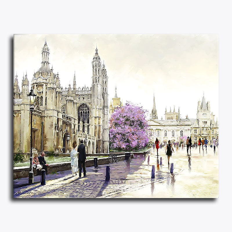 Painting of a city square with architectural landmarks and people walking.