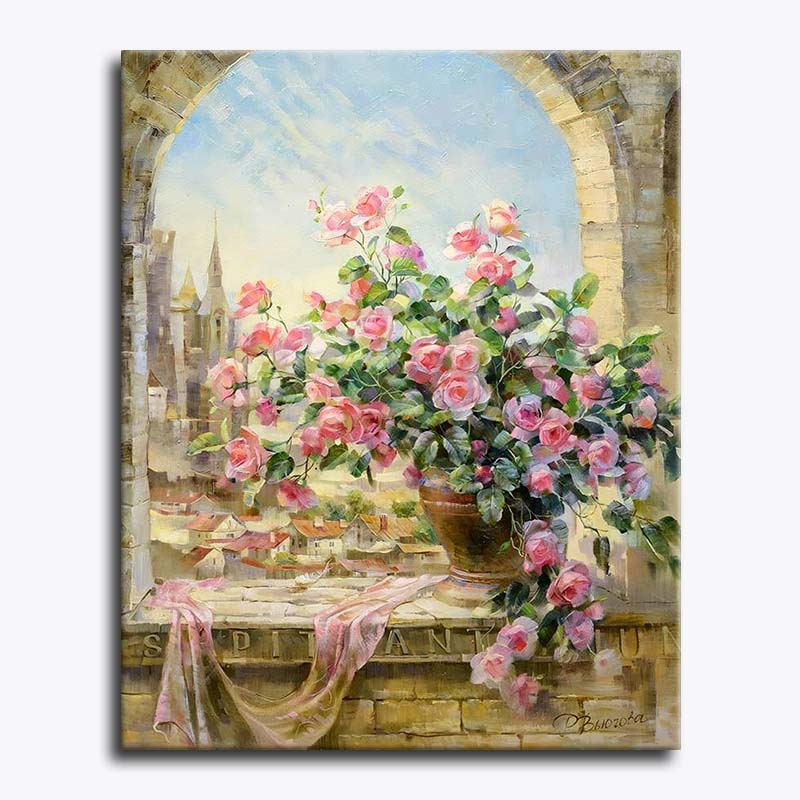 Painting of a floral arrangement on a bench with a scenic background