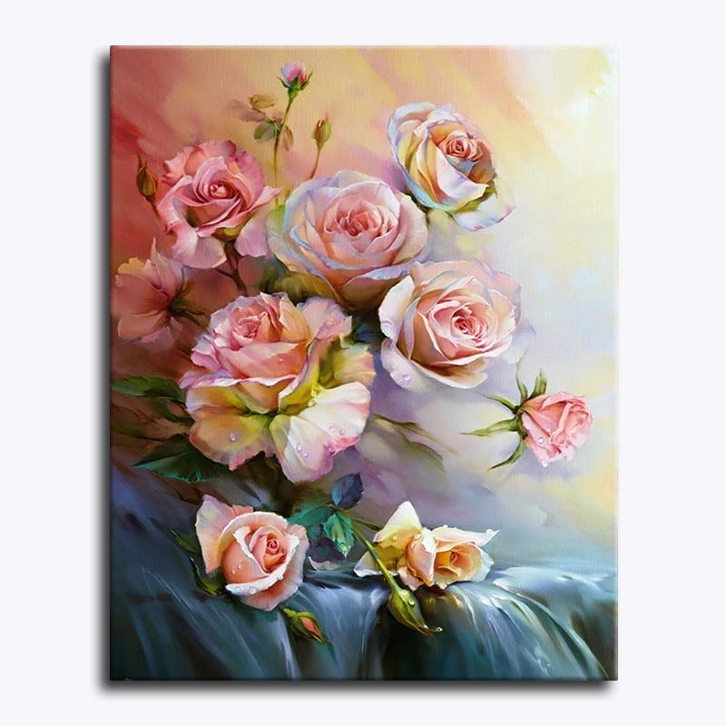 Canvas print of a bouquet of roses with a soft color palette on a white background