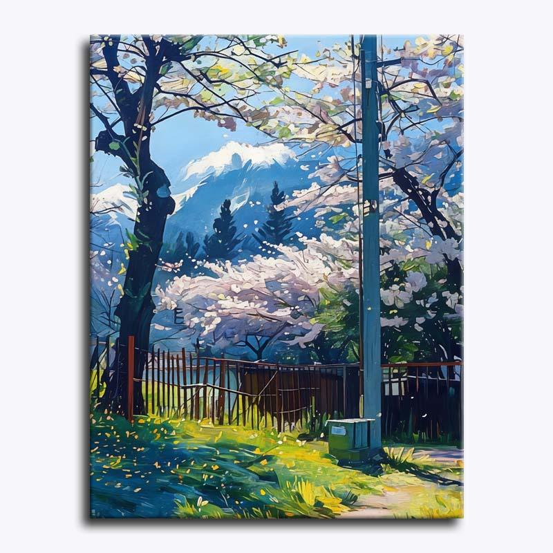 Painting of a scenic landscape with trees, mountains, and a fence.