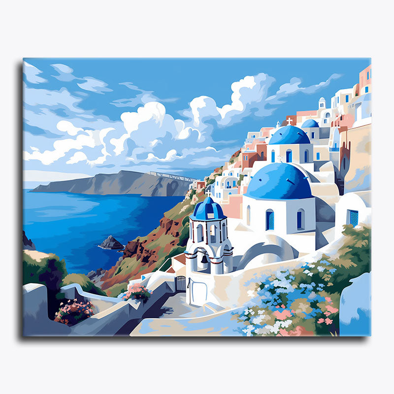 Colorful Greek island scene with blue domes and ocean view