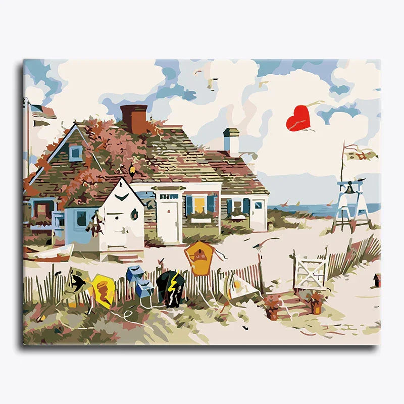 Colorful beach scene with houses, people, and a lighthouse.