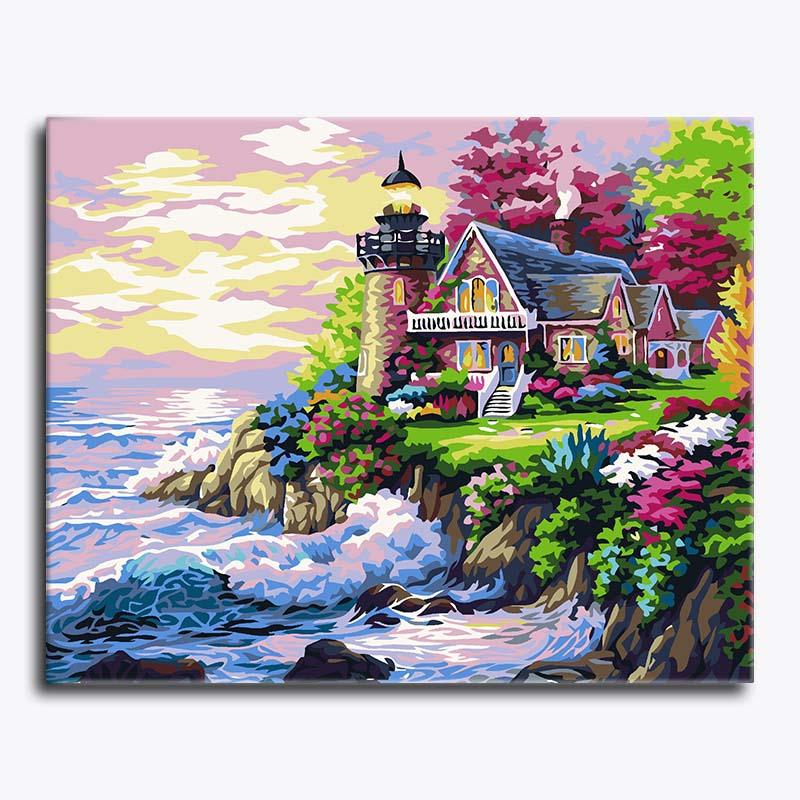 Painting of a lighthouse and house on a cliff with flowers and ocean waves.