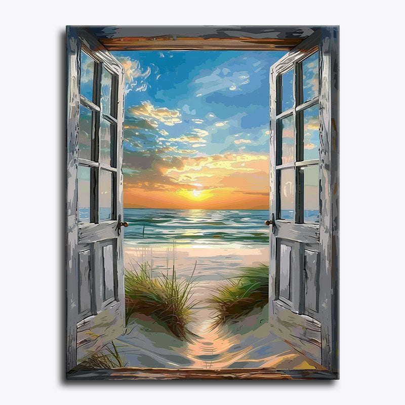 Open window view of a sunset over the ocean with grass at the base.
